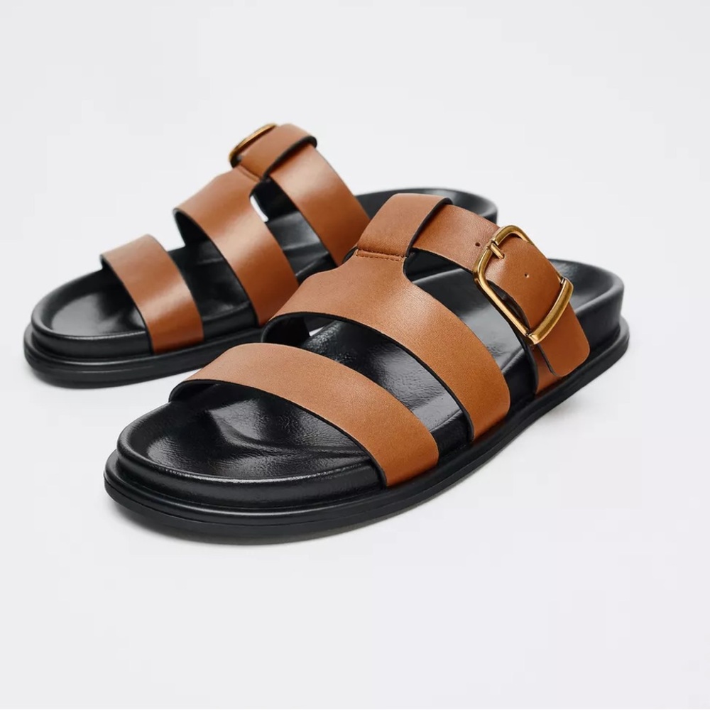 Zara flat leather buckle sandals